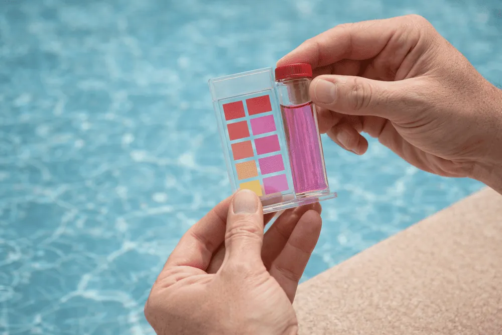 A person holds a pool water test kit next to a swimming pool, comparing a vial of pink liquid to a color chart to check the water's chemical levels, helpful when learning how to lower pH in your pool.