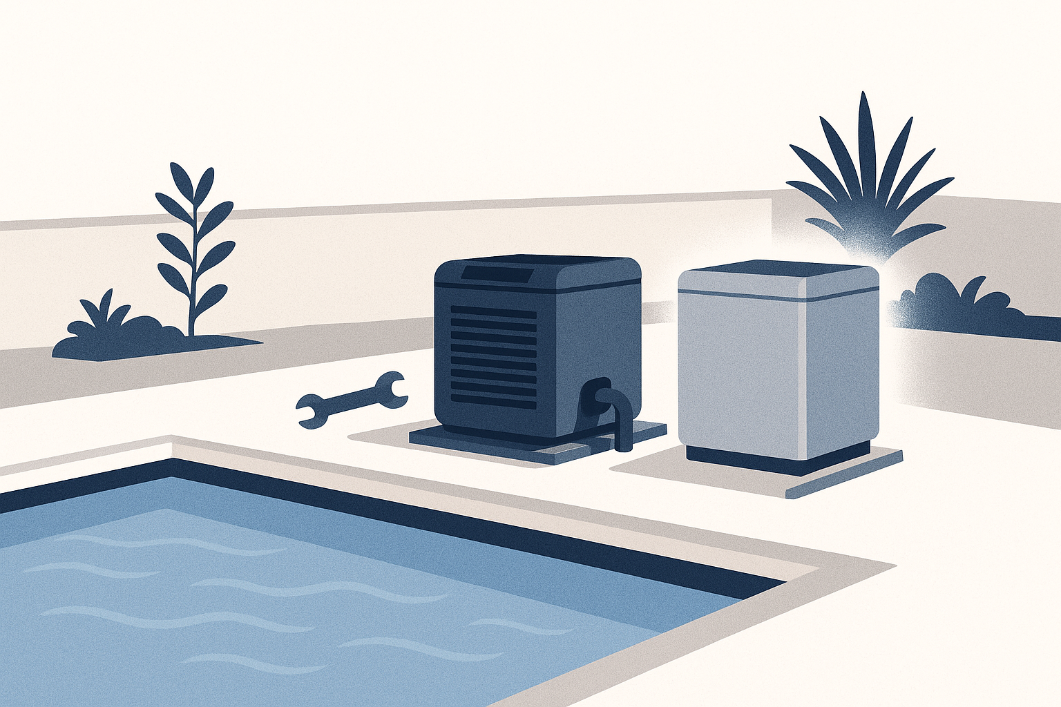 A flat editorial illustration of a Long Beach backyard pool with two heater units on the equipment pad, one tagged for repair and one for replacement