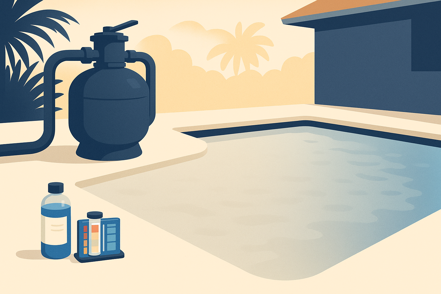 A flat editorial illustration of a Long Beach backyard pool with hazy, milky water and a filter and test kit on the deck