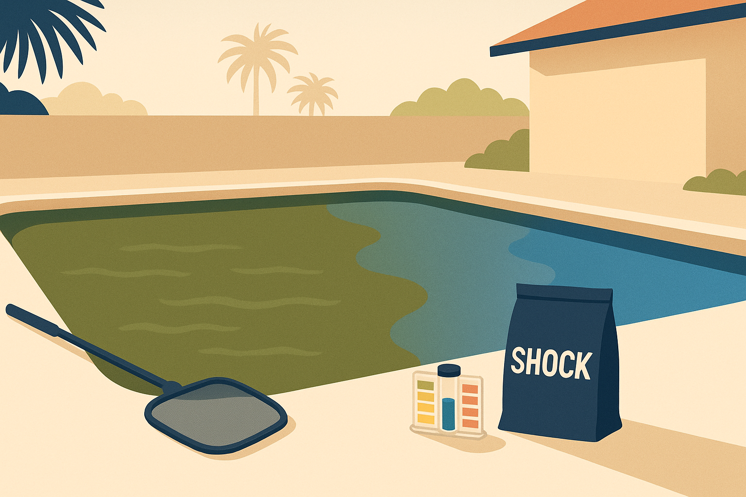 A flat editorial illustration of a Long Beach backyard pool tinted green with pool test equipment on the deck